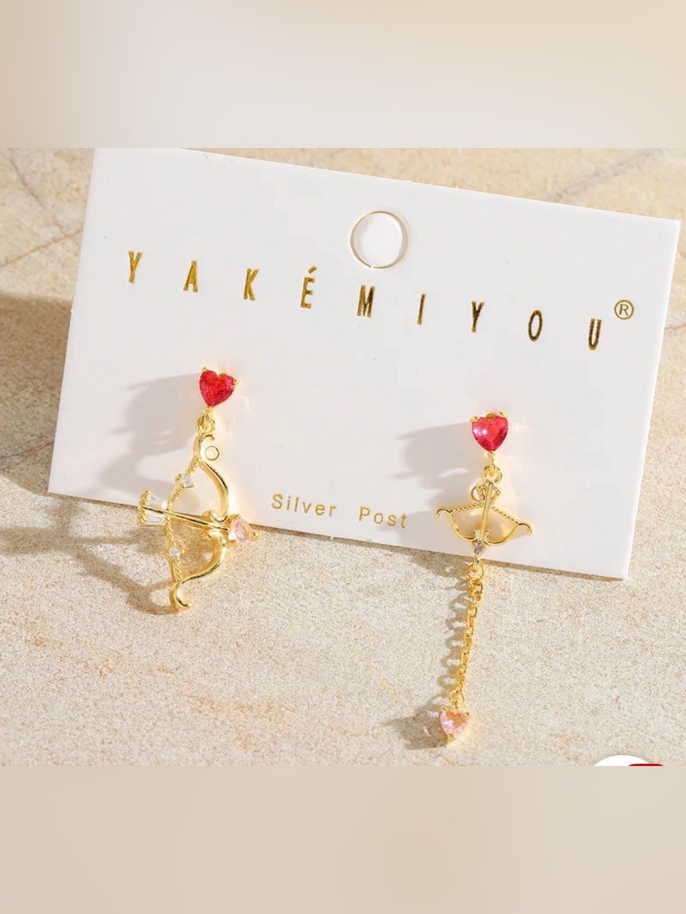 14K Gold Cupid’s Bow & Arrow With Hearts Drop Dangle Gemstone Mismatch Earrings